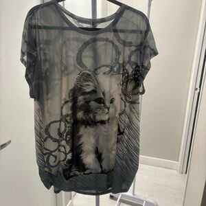 Gray Sheer Cat-Print Blouse